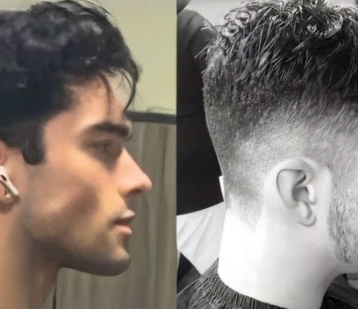 Side-by-side comparison of a man's haircut from different angles.